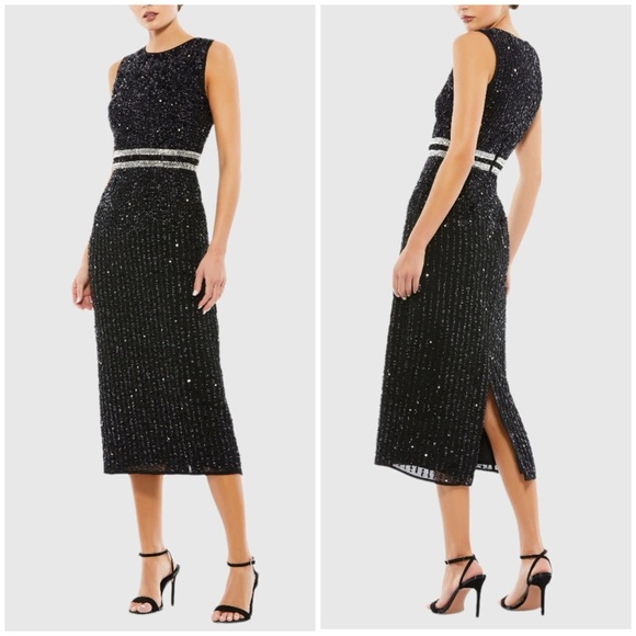 NWT Mac Duggal Black Sleeveless High Neck Beaded Midi Sheath Dress 10509 Sz 4 - Picture 1 of 14